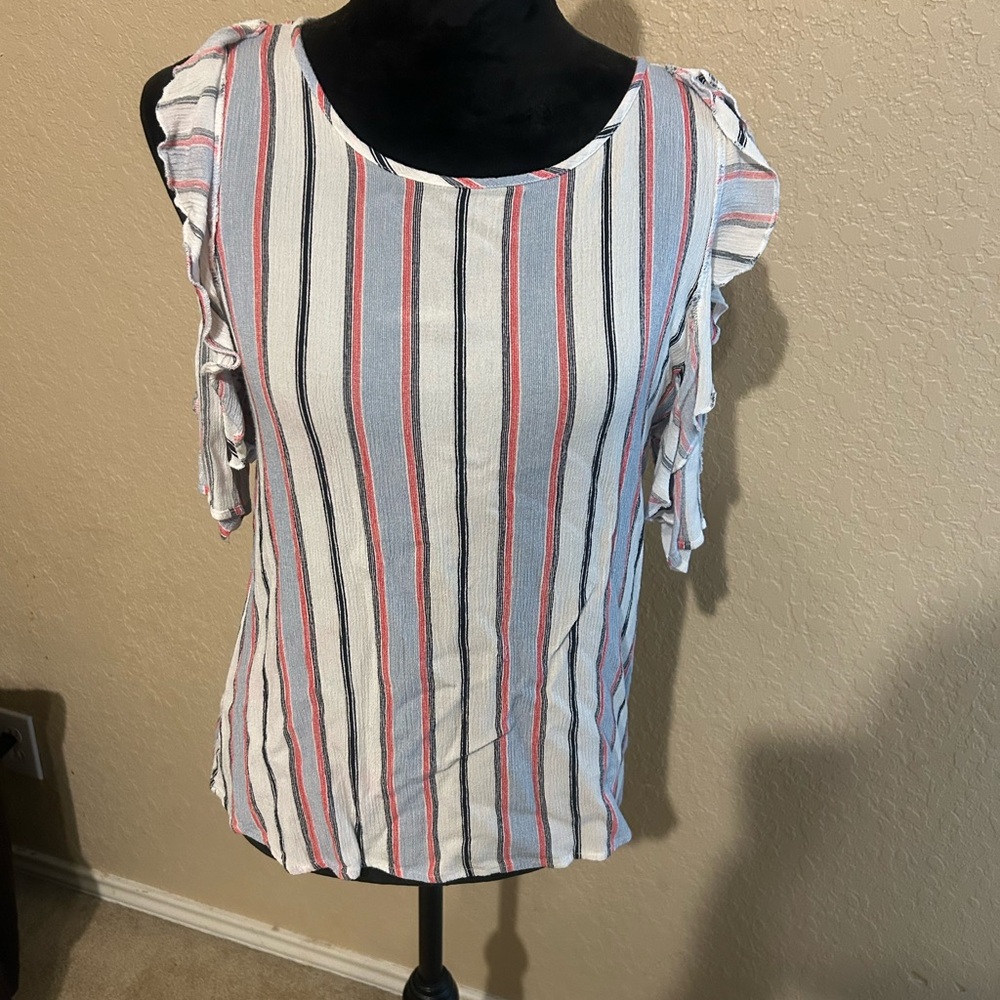 Striped Ruffle no Sleeve Top - White, Black, Red